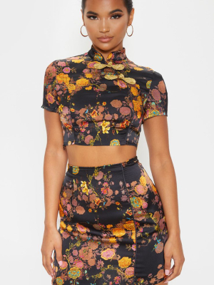 Black Print Satin High Neck Short Sleeve Crop Top