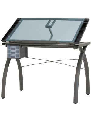 Sd Studio Designs Futura Crafting, Drafting, & Drawing Table With Adjustable Top, Pewter And Blue Glass