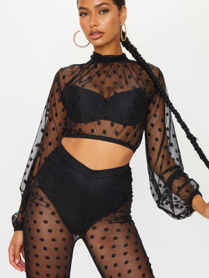 Black Polka Dot Mesh Balloon Sleeve Crop Top