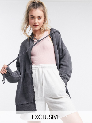 Collusion Acid Wash Asymmetric Longline Hoodie In Gray