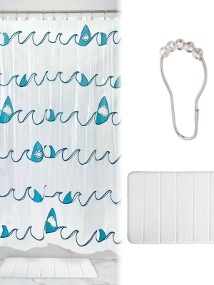 Shark Shower Curtain With Memory Foam Mat And Ring Bundle Teal/white - Idesign