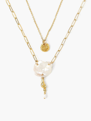 White Pearl Layered Gold Necklace
