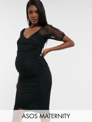 Asos Design Maternity Dobby Mesh Puff Sleeve Wrap Midi Dress In Black