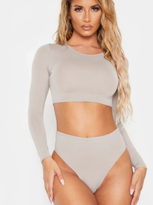 Grey High Neck Long Sleeve Bikini Top