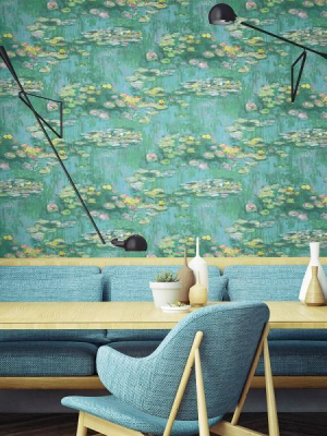 Lily Pads Wallpaper In Green, Blue, And Pink From The French Impressionist Collection By Seabrook Wallcoverings