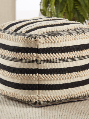 Meknes Indoor/outdoor Striped Pouf In Black & Cream