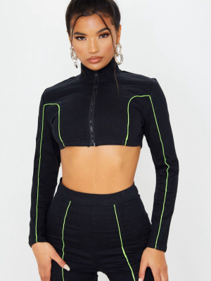 Black Super Stretch Contrast Neon Stitch Zip...