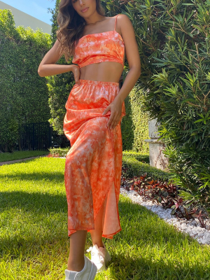 Tall Orange Tie Dye Satin Tie Back Crop Top