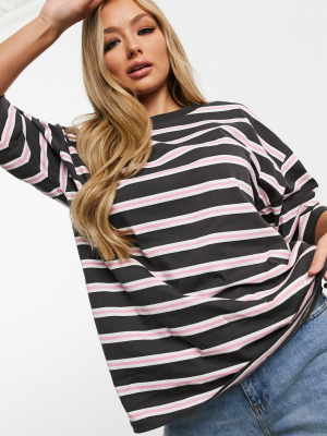 Asos Design Super Oversized Collegiate Stripe T-shirt In Charcoal