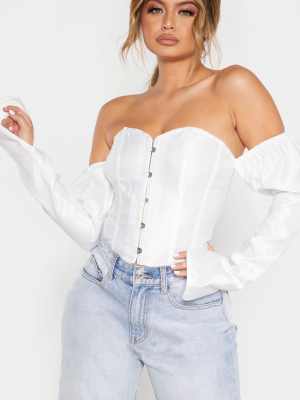 White Satin Long Sleeve Bardot Corset Top