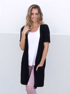 Short Sleeve Pocket Cardigan - Black