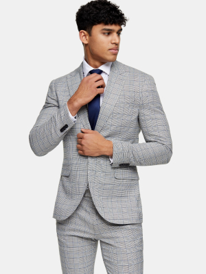 3 Piece Grey Check Skinny Fit Suit With Peak Lapels