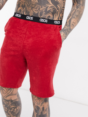 Asos Design Lounge Short In Burgundy Towelling And Contrast Branded Waistband