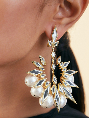 Demi Goddess Rhombus Mirror And Pearl Chandbali Earrings