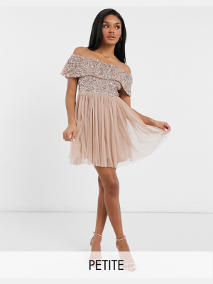 Maya Petite Bridesmaid Off Shoulder Mini Tulle Dress With Tonal Delicate Sequin In Taupe Blush