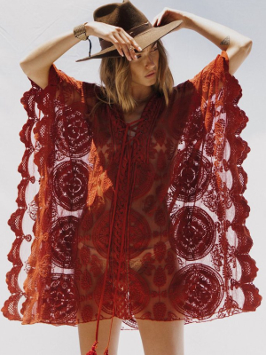 Tie String Front Scalloped Sheer Lace Crochet Boho Kaftan Cover Up