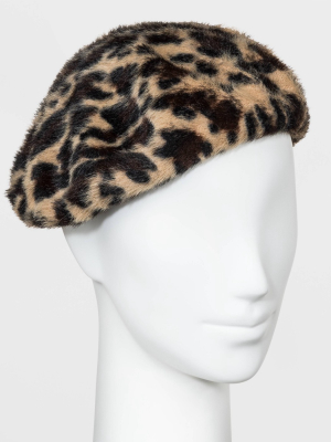 Women's Leopard Print Faux Fur Felt Beret Hat - A New Day™ One Size