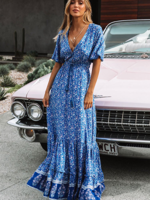 Mini Pompon Bohemian Floral Print Maxi Dress