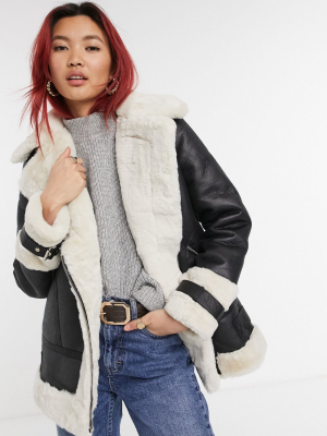 River Island Faux Shearling Aviator Jacket In Black