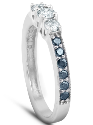 Pompeii3 1/2 Ct Blue & White Diamond Three Stone Engagement Anniversary Ring White Gold