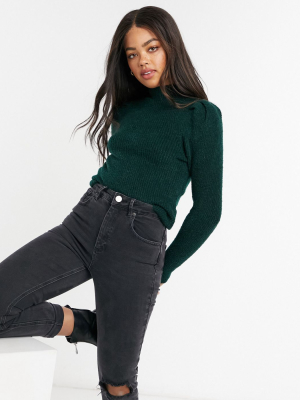 Asos Design Ribbed Sweater With Puff Shoulder In Dark Green