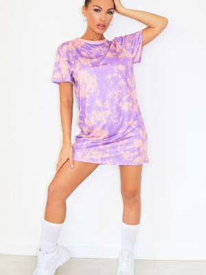 Lilac Tie Dye Print T Shirt Dress