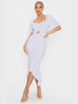 White Polka Dot Ruched Bust Short Sleeve Midi...