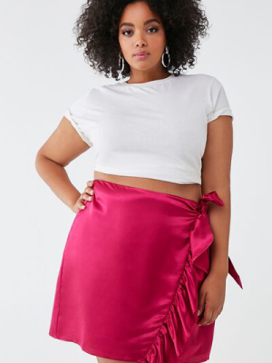 Plus Size Satin Faux Wrap Skirt