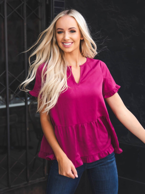 V-cut Ruffle Peplum - Fuchsia