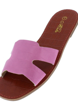 Beachie2 Pink Crocodile Open Toe Side Cut Out Slide Sandal