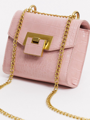 Asos Design Cross Body Bag With Shoulder Strap In Blush Croc With Hardware Detail