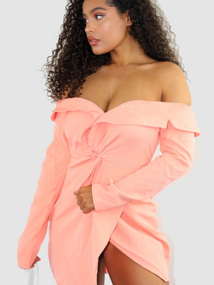 Peach Bardot Knot Detail Blazer Dress