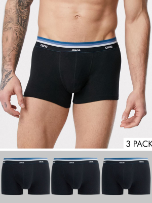 Asos Design 3 Pack Trunks In Black With Branded Blue Waistband Save