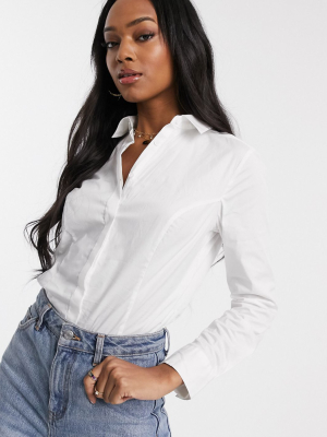 Asos Design Fuller Bust Long Sleeve Shirt Body In Stretch Cotton In White