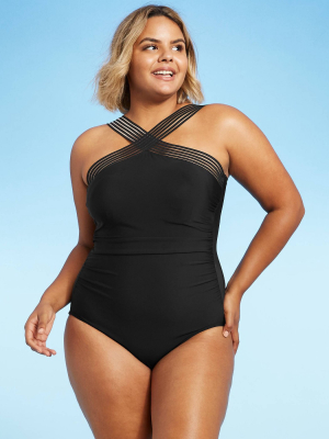 Women's Cross Front One Piece Swimsuit - Aqua Green® Black