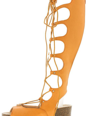 Stefania Tan Pu Lace Up Gladiator Distressed Wedge Boot