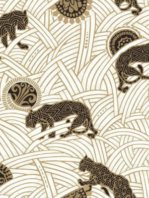 Tibetan Tigers Wallpaper In Gold, Black, And White From The Tea Garden Collection By Ronald Redding For York Wallcoverings