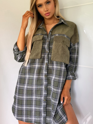 Green Checked Cord Contrast Detail Shirt Dress