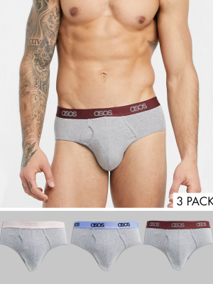 Asos Design 3 Pack Briefs In Charcoal Organic Cotton With Pink Blue And Burgundy Branded Waistband