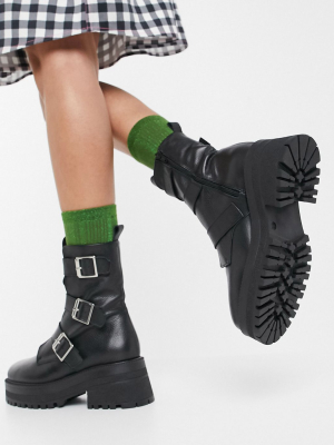 Asos Design Alex Premium Leather Chunky Buckle Boots In Black