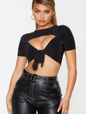 Black Slinky Cut Out Tie Crop Top