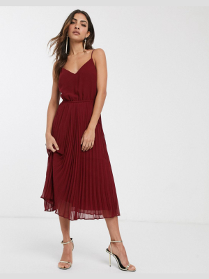 Asos Design Pleated Cami Midi Dress With Drawstring Waist In Oxblood