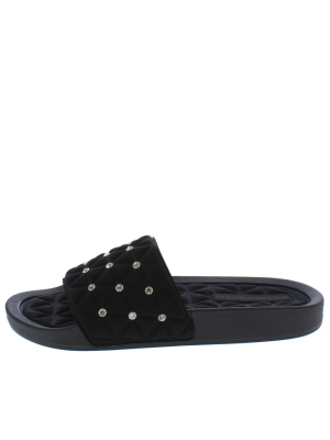 Brandi Black Quilt Studded Open Toe Mule Slide Sandal