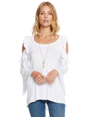 Cool Jersey Bell Sleeve Cold Shoulder Ruffle Tee