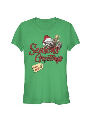 Junior's Marvel Christmas Rocket & Groot Aunt Greetings T-shirt