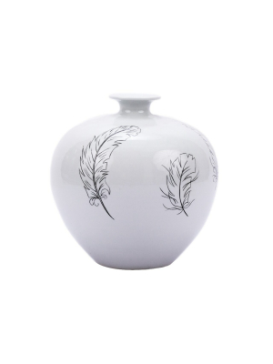 White Pomegranate Vase With Black Feathers