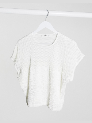 Mango Crochet Crop T-shirt In Ecru