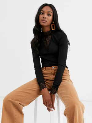 Y.a.s Long Sleeve Ribbed Jersey Top With High Neck Lace Detail