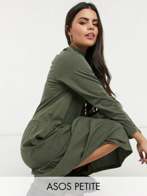 Asos Design Petite Smock Midi Dress With Tiered Hem In Khaki