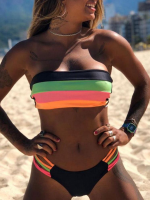 Strappy Rainbow Stripe Bandeau Brazilian Two Piece Bikini Swimsuit